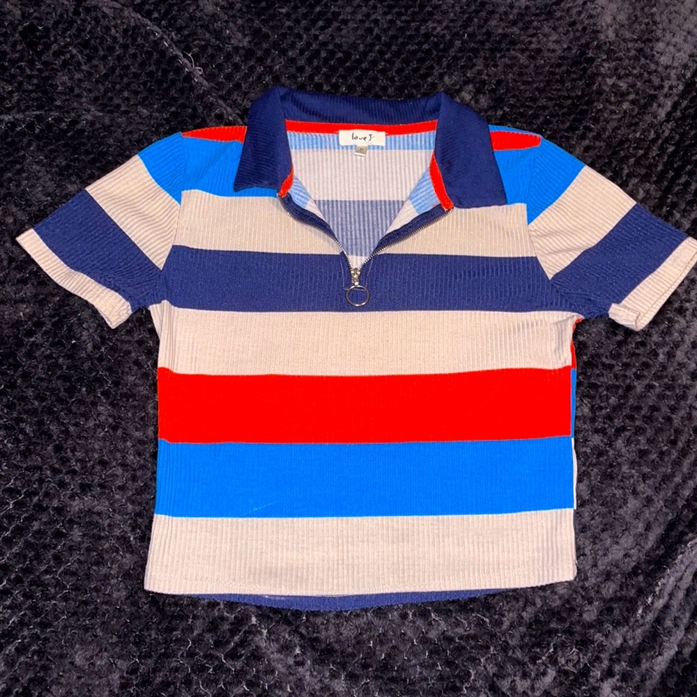 Blue, Navy, Red and Cream Collard Zip Up Ribbed Crop Top